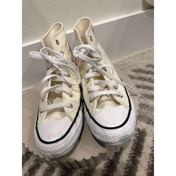 Converse Girls Chuck Taylor Floral Embroidered High Top Sneakers Tan Pink Size 4 - Picture 9 of 12